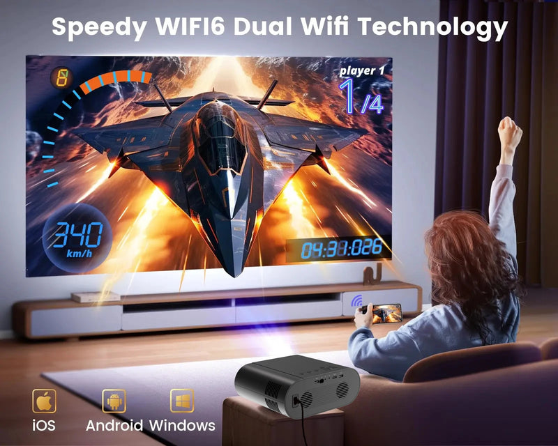 projetor 1080p Android com Dual WiFi 6 e Bluetooth