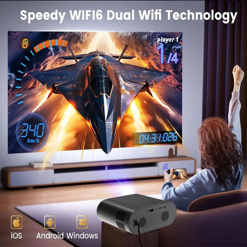 projetor 1080p Android com Dual WiFi 6 e Bluetooth